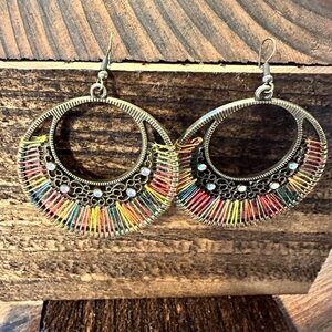 Boho Hippie Cowgirl Threaded Loop Wire Drop Earrings, Multicolor, Gift Box